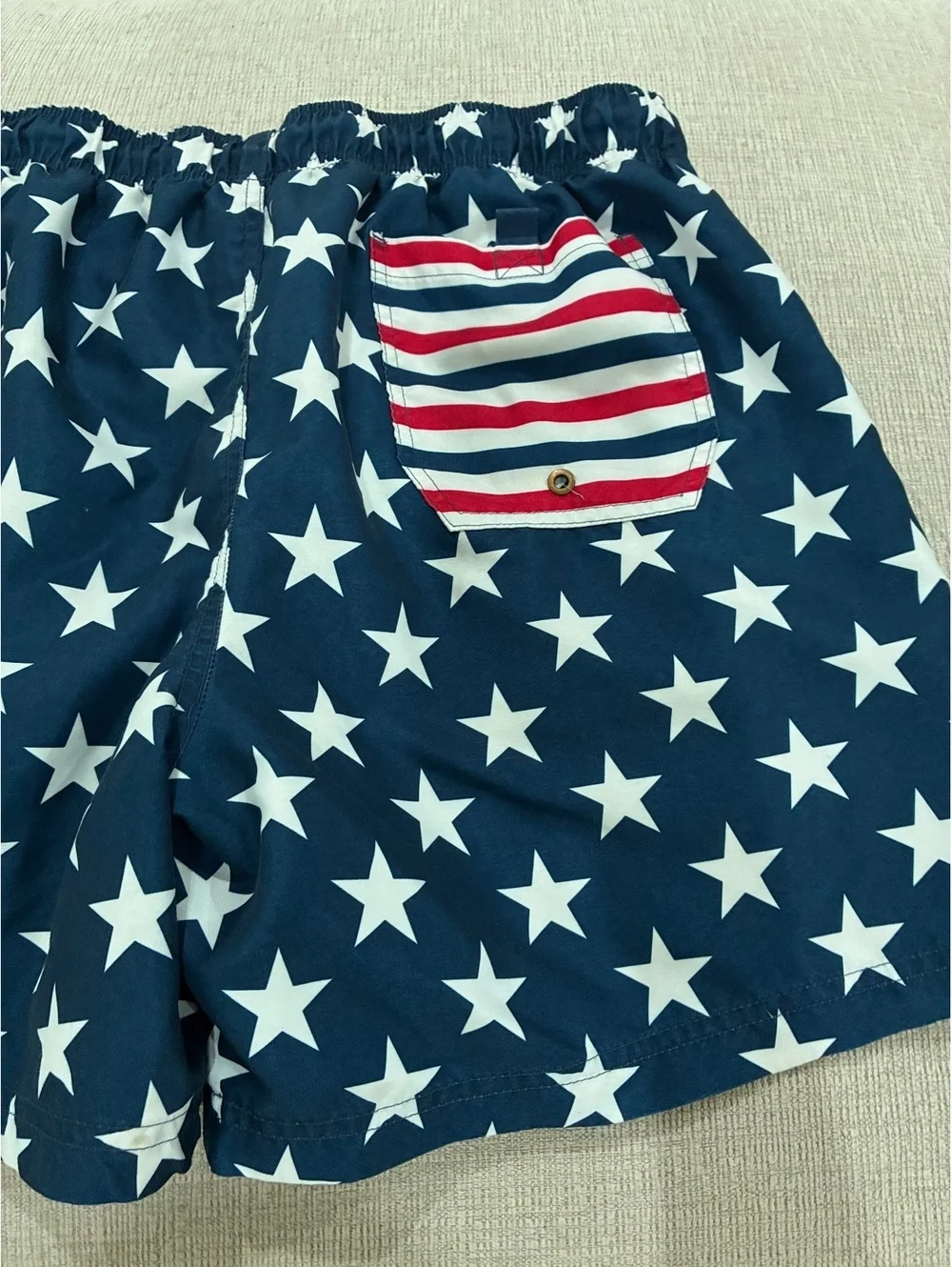 Men's Navy Blue Swim Shorts with White Star Print and Striped Back Pocket